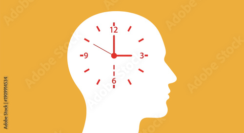 Clock inside human head silhouette showing time management