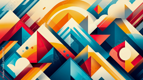 Dynamic Abstract Geometric Landscape Blending Interlocking Polygons and Smooth Arcs in Vibrant Palette of Teal, Orange, Red, and Cream, Creating Modern Digital Art Background.
