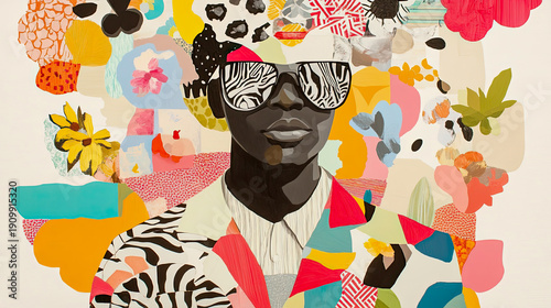 Dynamic contemporary abstract portrait of fashionable Black man wearing reflective zebra print sunglasses amidst explosion of colorful mixed media textures and patterns.