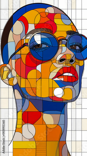 Stunning abstract portrait in vibrant stained glass mosaic style, featuring modern figure with large blue sunglasses and striking red lips against geometric grid background