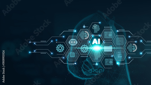 Futuristic interface featuring artificial intelligence symbols and gears, representing innovation in technology and automation.
