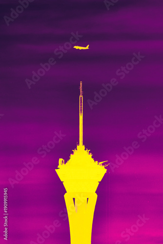 Photography The Strat Tower Airplane and Vibrant Infrared Gradient Sky Las Vegas Nevada