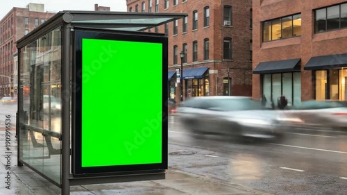Bus stop billboard with chroma key screen on city street with traffic moving in timelapse. Concept of outdoor advertising and marketing campaign.