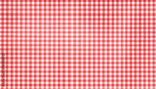 Red and white gingham tablecloth background, classic picnic checkered pattern. Seamless fabric texture, summer picnic design, restaurant menu backdrop, BBQ party theme, and rustic kitchen decoration.