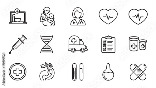 Medical and Healthcare Line Icons Set: Doctor, Syringe, DNA, Ambulance, Heartbeat, Pregnancy, Pharmacy, isolated on white