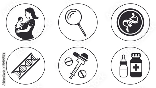 Medical and Healthcare Vector Icons Set: Pregnancy, Research, DNA, Syringe, Pills, Medicine Bottle. Black and White, isolated on white