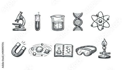 Science education outline icon set. lab equipment, physics, chemistry, biology symbols