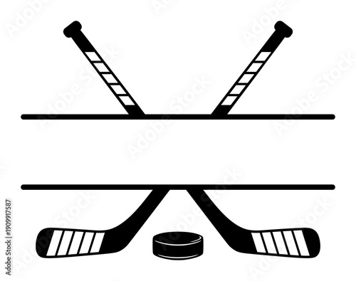 Hockey Sticks And Puck Split Frame Monogram Design, Sports Border Template Silhouette For Team Logo, Personalized Name Sign, Athletic Graphic Print