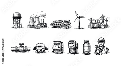 Energy and utility silhouette icon set: renewable, electricity, and industry icons