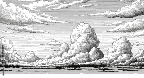 Detailed hand-drawn monochrome sky background with dramatic cumulus clouds. Grayscale cloudscape illustration for manga and comics.