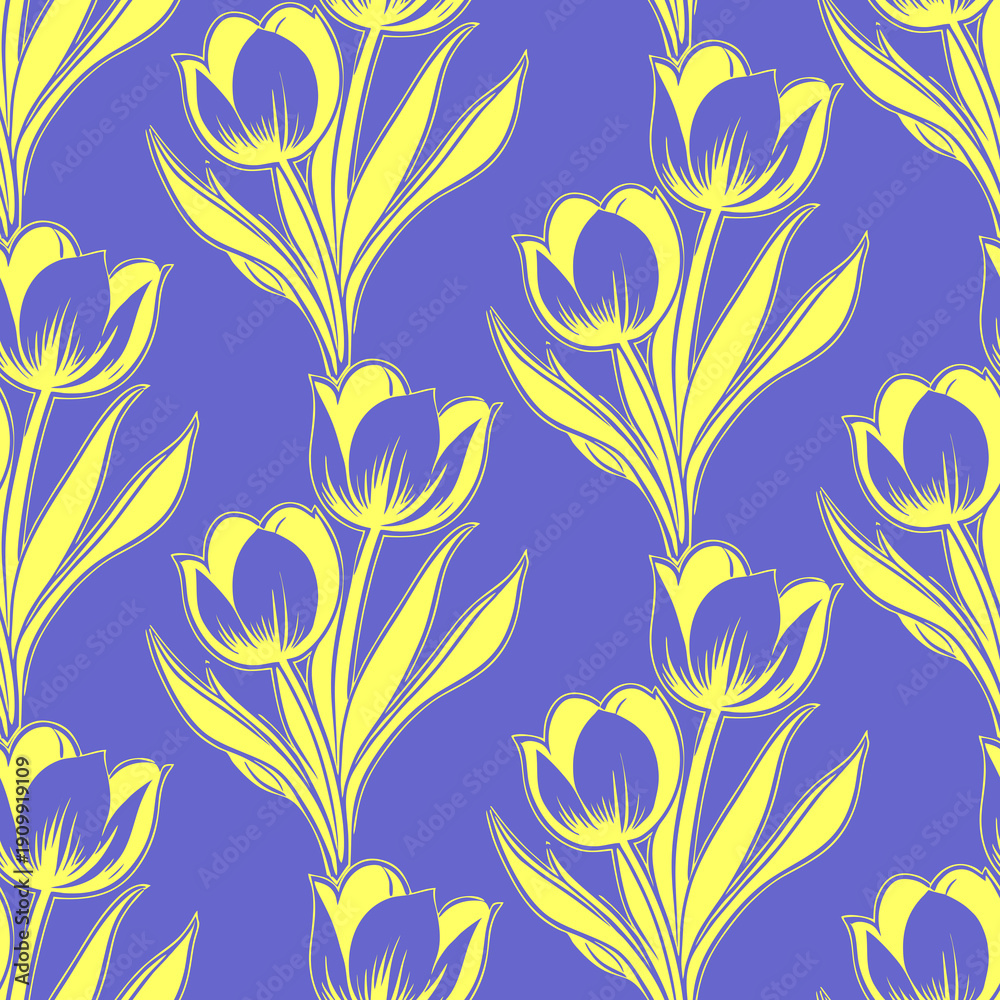 simple seamless yellow and blue pattern of tulip flowers, background, texture