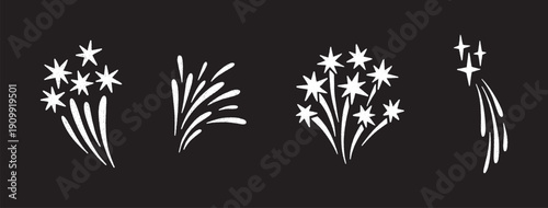 Firework doodles and festive handdrawn firecracker set. Celebration sketch icons with confetti, sparkles, and magical bursts. For party, carnival, holiday design. Vector illustration, black background