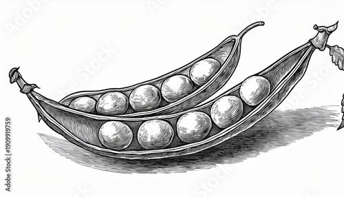 detailed snow pea pod drawing in black ink with vintage engraved scratchboard technique