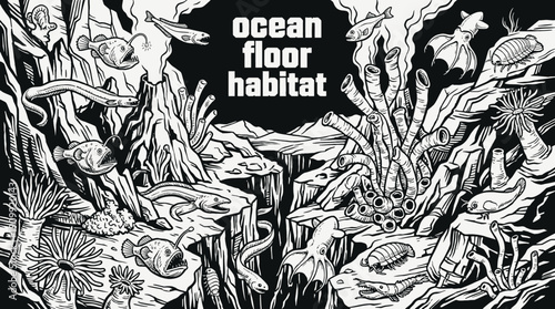 underwater ocean floor landscape with marine wildlife across deep black and white sea aquatic environment representing nature ecosystem exploration and diving
