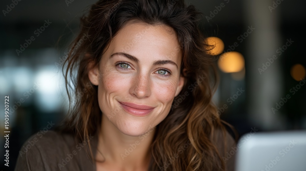 Obraz premium Young brown haired woman with freckles smiling, looking at camera. Portraying authenticity, wellness, and friendliness