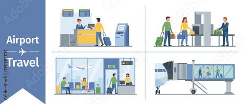 Flat Vector Illustration Set of Airport Travel Procedures Including Passenger Check-in at Counter, Security Screening with X-ray Scanner, Waiting at Departure Gate, and Boarding Plane via Jet Bridge