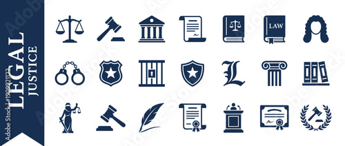 Comprehensive Legal and Justice Icon Set with Scales of Justice, Gavel, Courthouse, Law Books, Handcuffs, Police Badge, Jail Bars, Lady Justice, Quill, and Certificate for Law and Order.