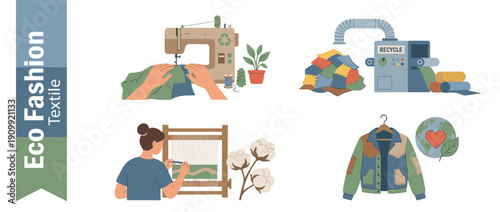 Sustainable Eco-Friendly Fashion and Textile Production Concept Featuring Fabric Recycling Machine, Manual Weaving on a Loom, Sewing Upcycled Clothing, and Organic Cotton for Ethical Apparel Design
