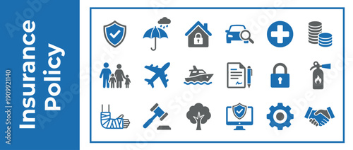 Insurance Policy Banner with Icons for Life Health Car Home Travel and Legal Protection. Comprehensive Flat Vector Symbols Representing Risk Management Financial Security and Coverage Services.