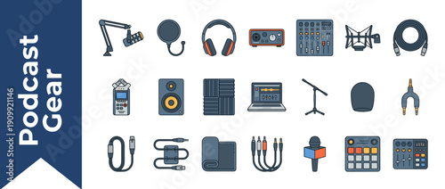 Comprehensive Flat Design Icon Set of Professional Podcast Gear and Audio Recording Equipment Featuring Microphones, Headphones, Mixers, Interfaces, Cables, and Studio Accessories for Streaming Media