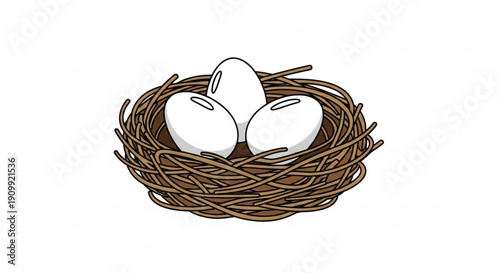 Three white eggs in a brown woven bird's nest on a plain white background simple illustration