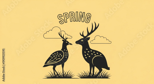 Spring illustration of a deer and a bird standing face to face in grass with clouds