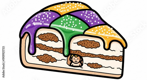 Colorful king cake slice with creamy filling and decorative icing