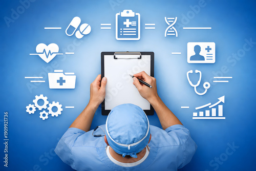 Top view of doctor in blue scrubs holding clipboard, surrounded by symmetrical white healthcare icons on blue gradient background, modern medical strategy and digital health concept.