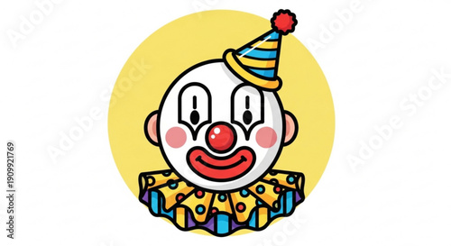 Colorful cartoon clown face with party hat and ruffled collar on yellow background smiling playfully