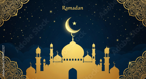 Golden mosque silhouette against a starry night sky during Ramadan celebration