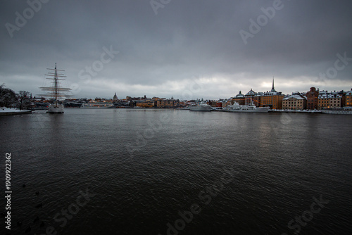 Stockholm. View of the bay and the Old Town waterfront with historic buildings.