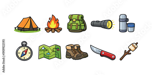 Camping and outdoor adventure icon set. essential flat icons for explorers