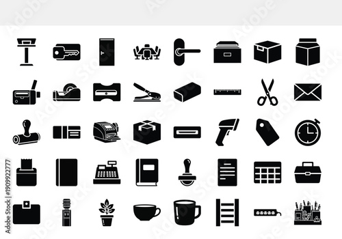 A collection of black silhouettes depicts various office supplies and equipment including printers staplers and organizational tools high quality professional detailed modern elegant