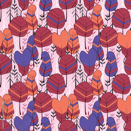 Seamless pattern with trees, plants. Color vector background. Spring, autumn tree for your design. Eco idea concept. Print design for wallpapers, fabric, textile.