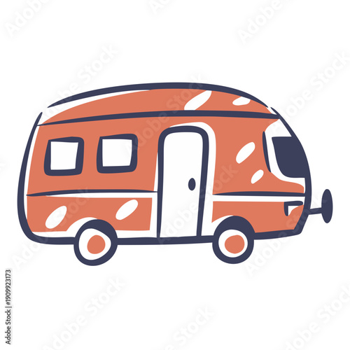 Orange camper van illustration, ideal for rv-camping adventures. This compact motorhome represents freedom for road trips, depicting joyful rv-camping lifestyle.