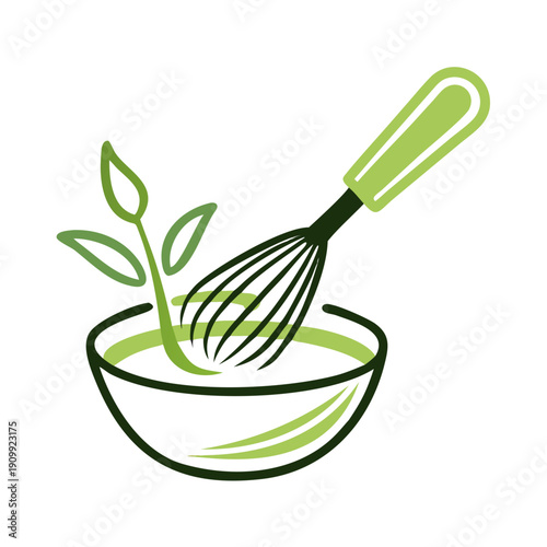 Matcha tea whisked graphic shows green whisk, bowl, and plant sprout. Design symbolizes healthy organic beverage preparation, emphasizing fresh ingredients for matcha tea whisked.