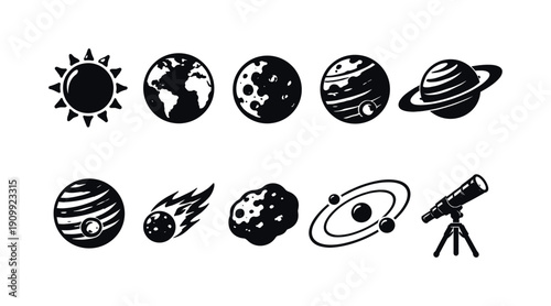 Astronomy silhouette icon set. space, planets, solar system, stars silhouette icons.