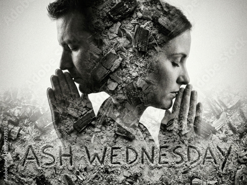 Double exposure - people's faces seen in profile in prayerful concentration superimposed on the texture of ash. Ash Wednesday