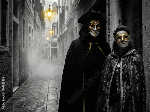 Tajemnica weneckich uliczek.  Postacie w długich płaszczach i maskach idące ciemnymi zaułkami pośród mgły, Karnawał