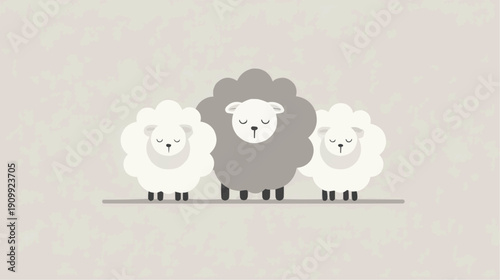 Flock of three cute cartoon lambs, a grey sheep between two white lambs. Minimalist vector illustration.