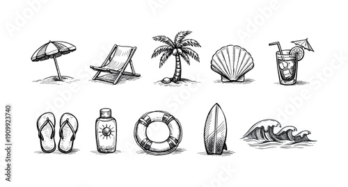 Beach, ocean outline icon set. sea, summer vacation icons collection in outline style