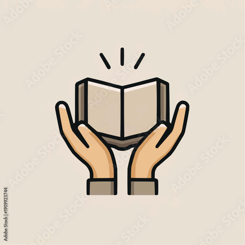 Open hands holding a sacred book. Minimalist vector illustration for faith and spirituality.