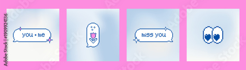 Set of 4 square romantic cloud backgrounds with subtle cloud flow, retro 8 bit heart-shaped eyes, speech bubble elements. Light airy backdrops for social media templates, love messages, Valentine card