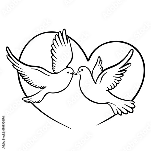 Minimalist composition of two flying doves inside a heart silhouette. Romantic logo representing love, peace, wedding union, and eternal fidelity