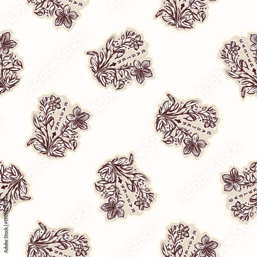 Ornate floral sprig seamless vector pattern. Hand drawn vintage style flower illustration for wallpaper. Decorative all over print. 