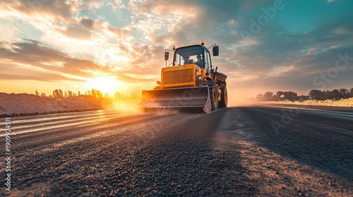 Wide-angle view of a large yellow road roller compacting asphalt on a highway du sunset with vibrant sky and clouds