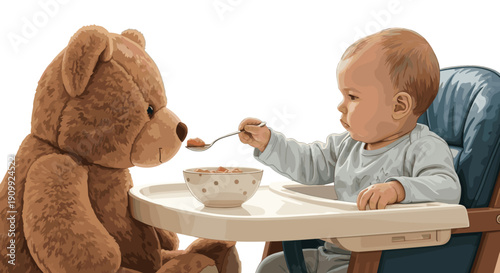Baby Shares Meal With Teddy Bear in a Warm, Playful Setting During Mealtime at Home With a Cozy Atmosphere. Transparent Background