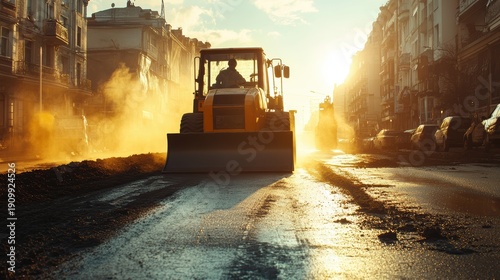 Construction machinery working on urban street at sunset with dust and city buildings in background
