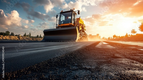 Heavy construction vehicle bulldozer working on new road construction at sunset in rural outdoor environment