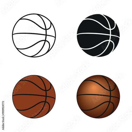 Modern Basketball Icon Set – Outline, Solid, Flat and Realistic Gradient Sport Ball Vector Collection